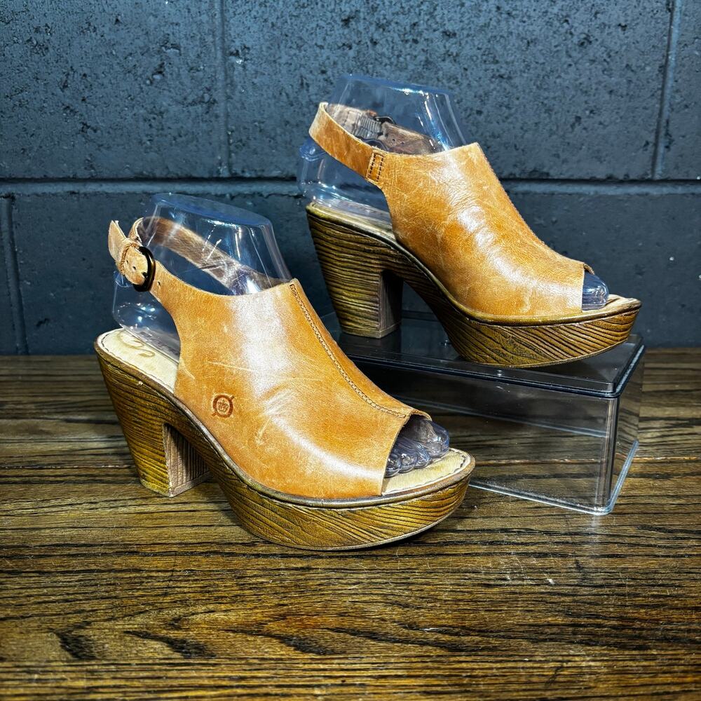 Born Leather Slingback Platform Clog Sandals Tan Brown Peep Toe Heels Women’s 6